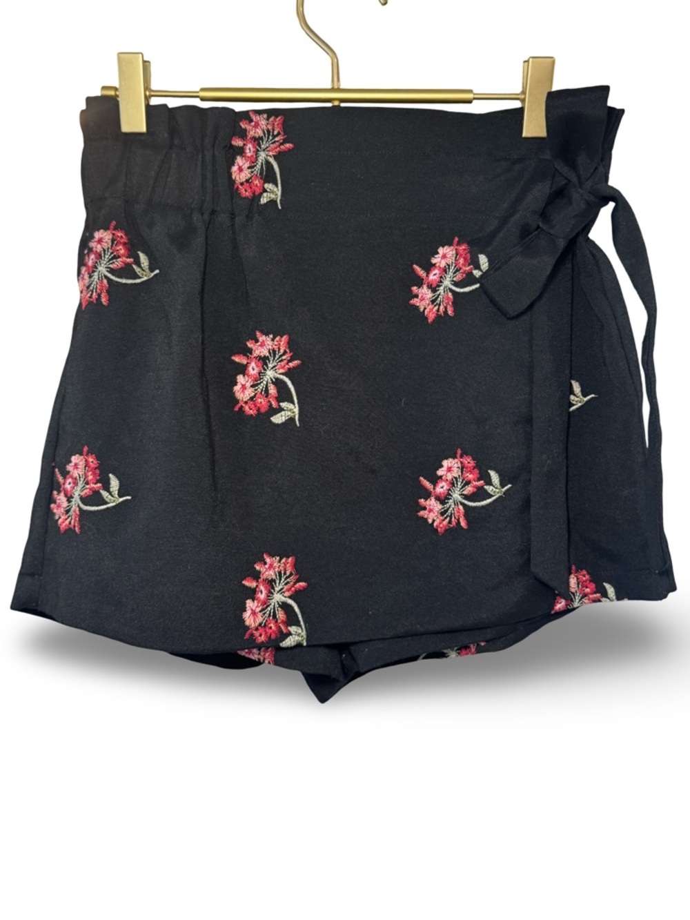 Endless Rose Black Floral Tie-Waist Skort with Pink Embroidery